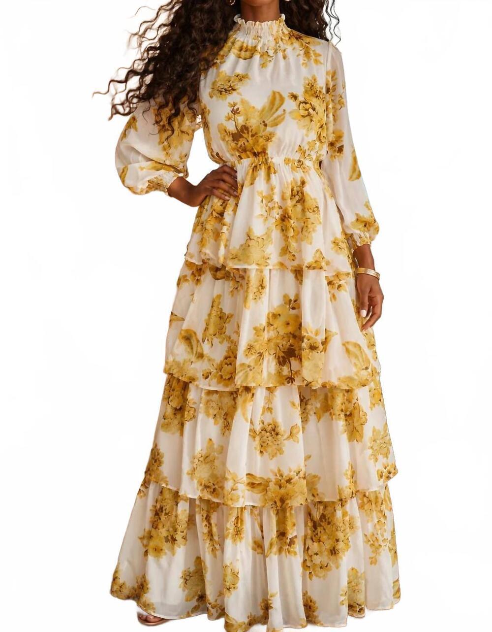 NEW SURELYMINE marigold floral tiered maxi dress in beige